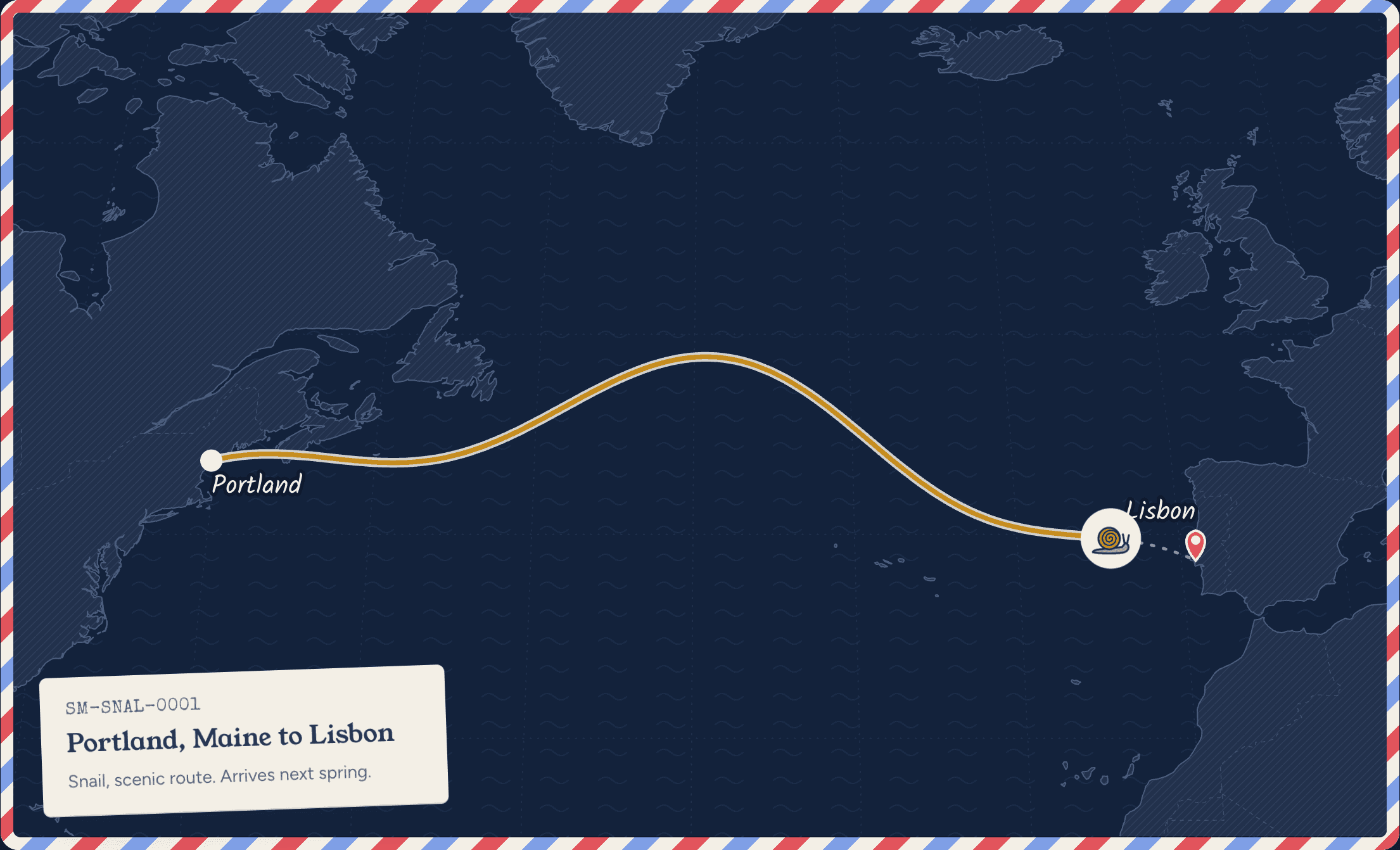 Snail Mail's tracking map: a letter's route from Portland, Maine to Lisbon, carried by a snail